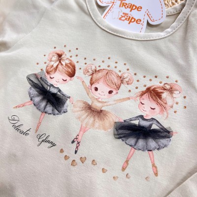 Conj. Blusa Manga Longa Bailarinas e Short em Plush - Areia e Marrom